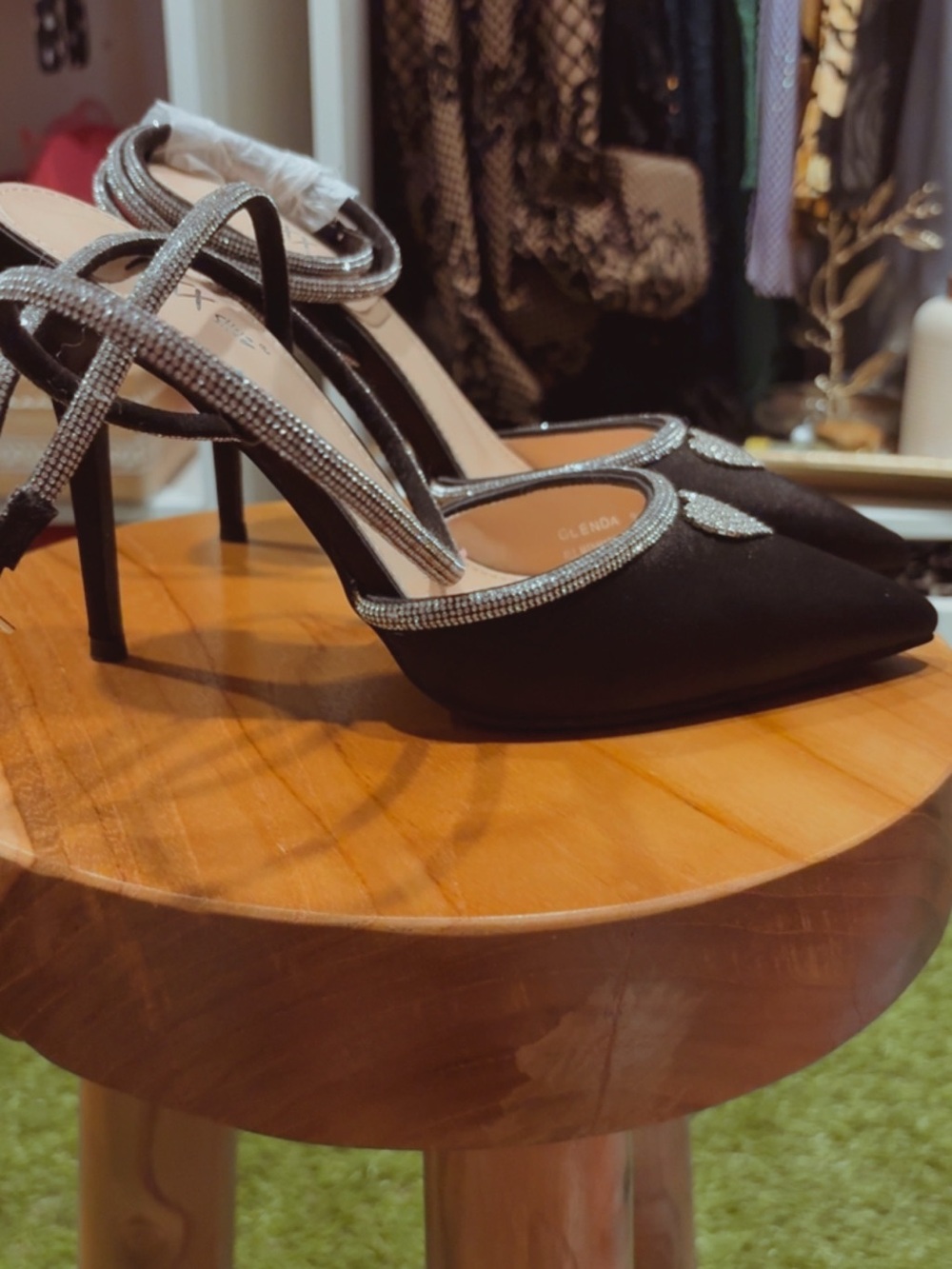 Black Embellished Pointed Toe Heels with Crystal Heart